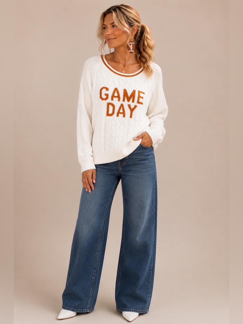Miracle Game Day Cable Knit Sweater โ Cotton Blend Football Sweater - Picture 2 of 4
